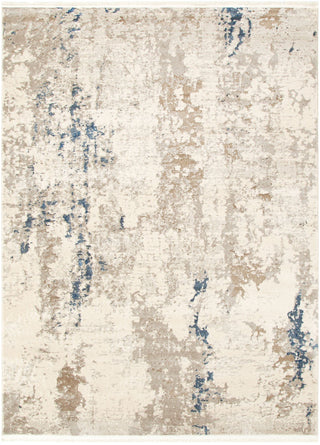 Abstract patterned rug with blue and beige colors on a white background