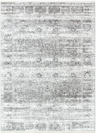 Gray and white patterned area rug on a white background