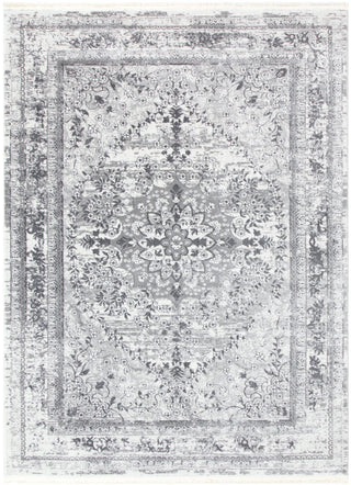 Gray and white patterned rug on a white background
