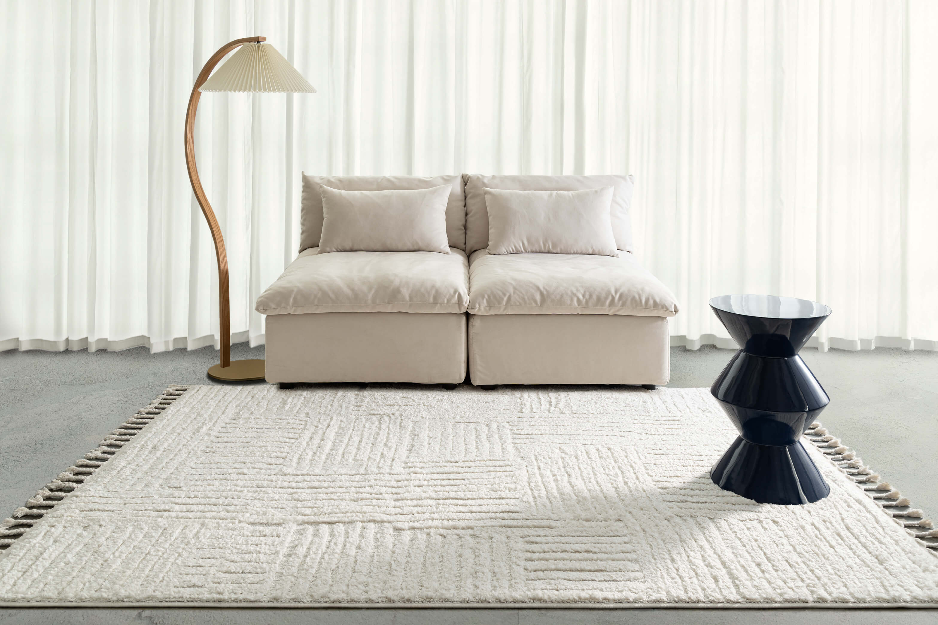 Arbori Ivory Abstract Rug by Loopsie styled in living room