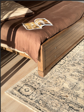 Close-up of Arya Ziegler cream and grey distressed rug in bedroom setting