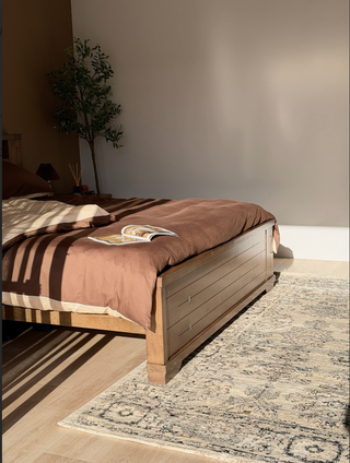 Arya Ziegler cream and grey traditional rug styled in a modern bedroom with timber bed frame