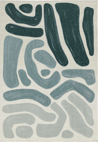 Abstract patterned rug with blue and gray shapes on a beige background