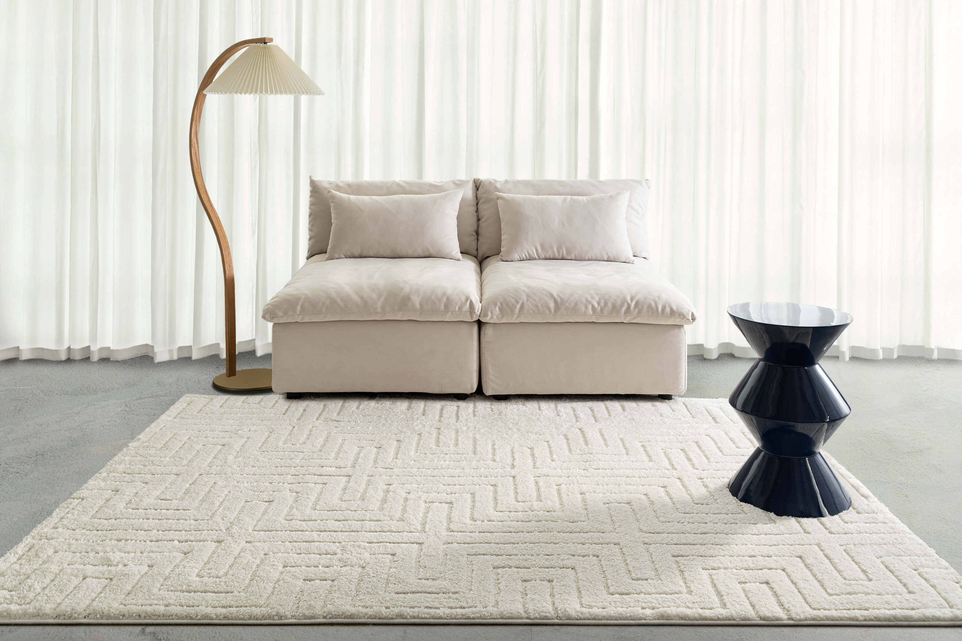 Loopsie Ravina Ivory Geometric Rug Styled In Living Room