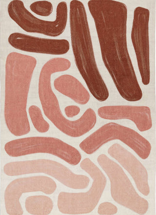 Abstract pattern rug with brown and pink shapes on a white background