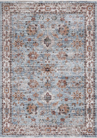 A rectangular traditional wool rug with a vintage design featuring geometric patterns in rich blue, beige, and brown hues.