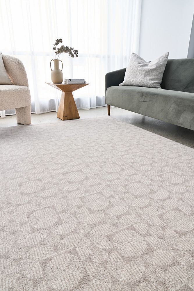 Prague Niko Silver Rug styled in living room | Simple Style Co